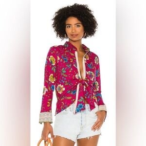 Revolve Pitusa Collared Tie Shirt Size in Fuchsia Floral Print (Size III-L)